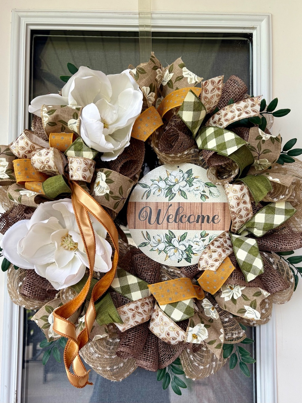 Welcome Magnolia Burlap Holiday Wreath with White Flowers